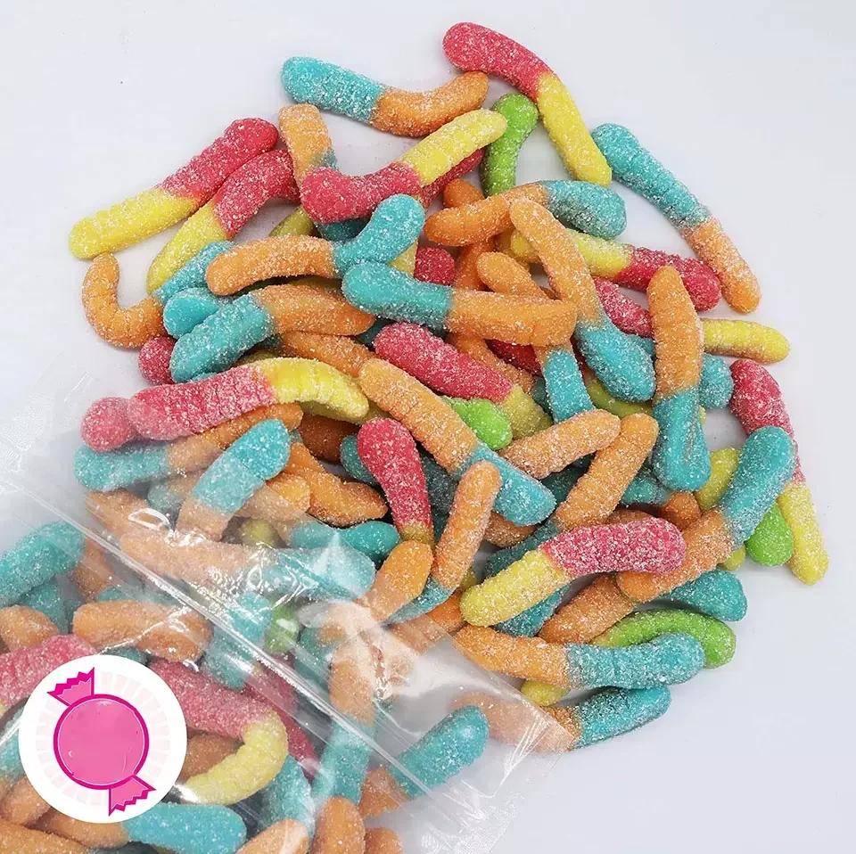 Chinese Candy Wholesalers Custom Halal Sugar Coated Bulk  Sour Worm Shape Jelly Gummy Candy