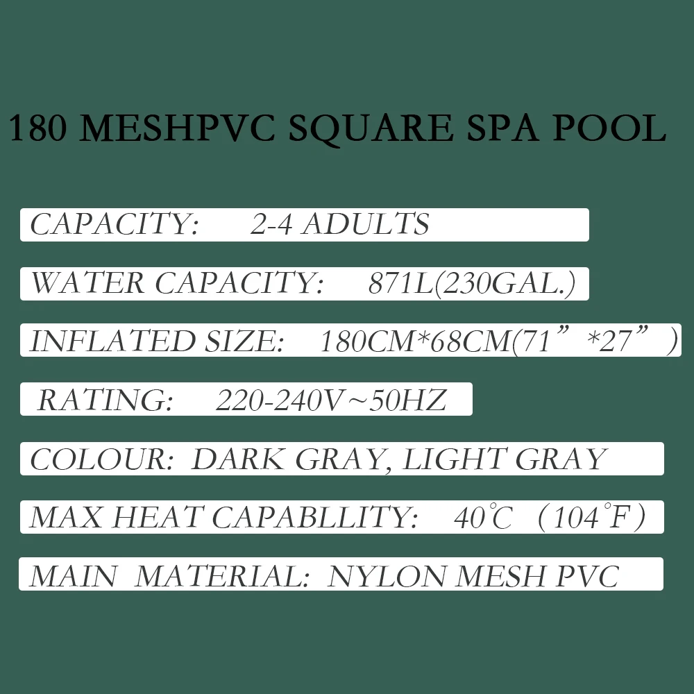 Square Massage Bath Crock Spa Inflatable Hot Tub Outdoor  Spa 180cm X 70cm Sale Smart Power GAL Pump Technical