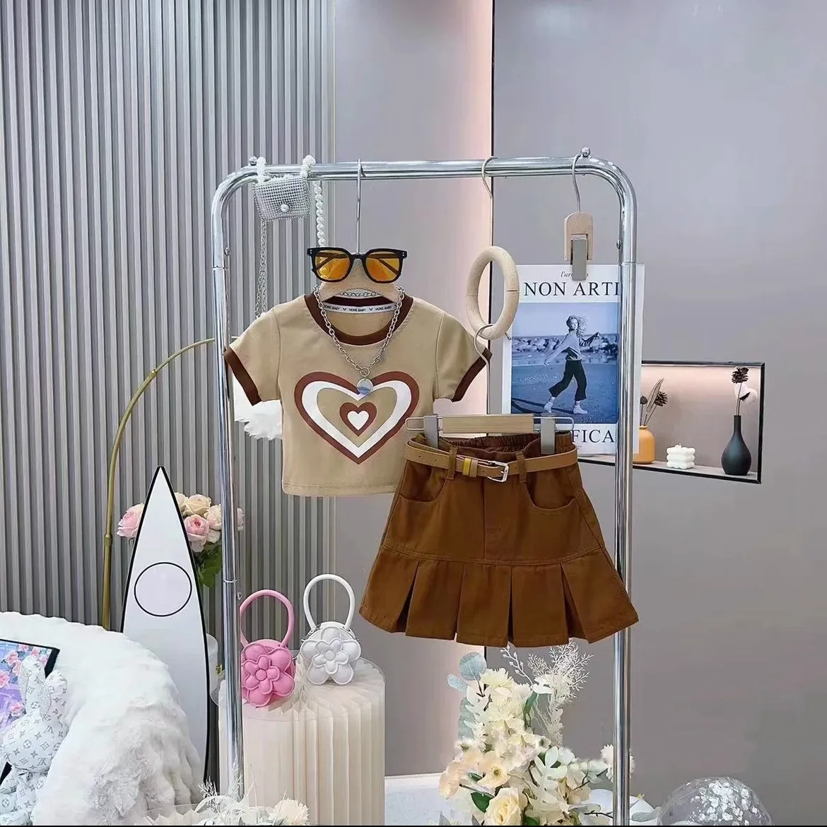 2023 Summer Girls 2 pcs Short Set Cute Teenagers Pink Heart Print Shirt + Pleated Jean Skirt 5-15 Years