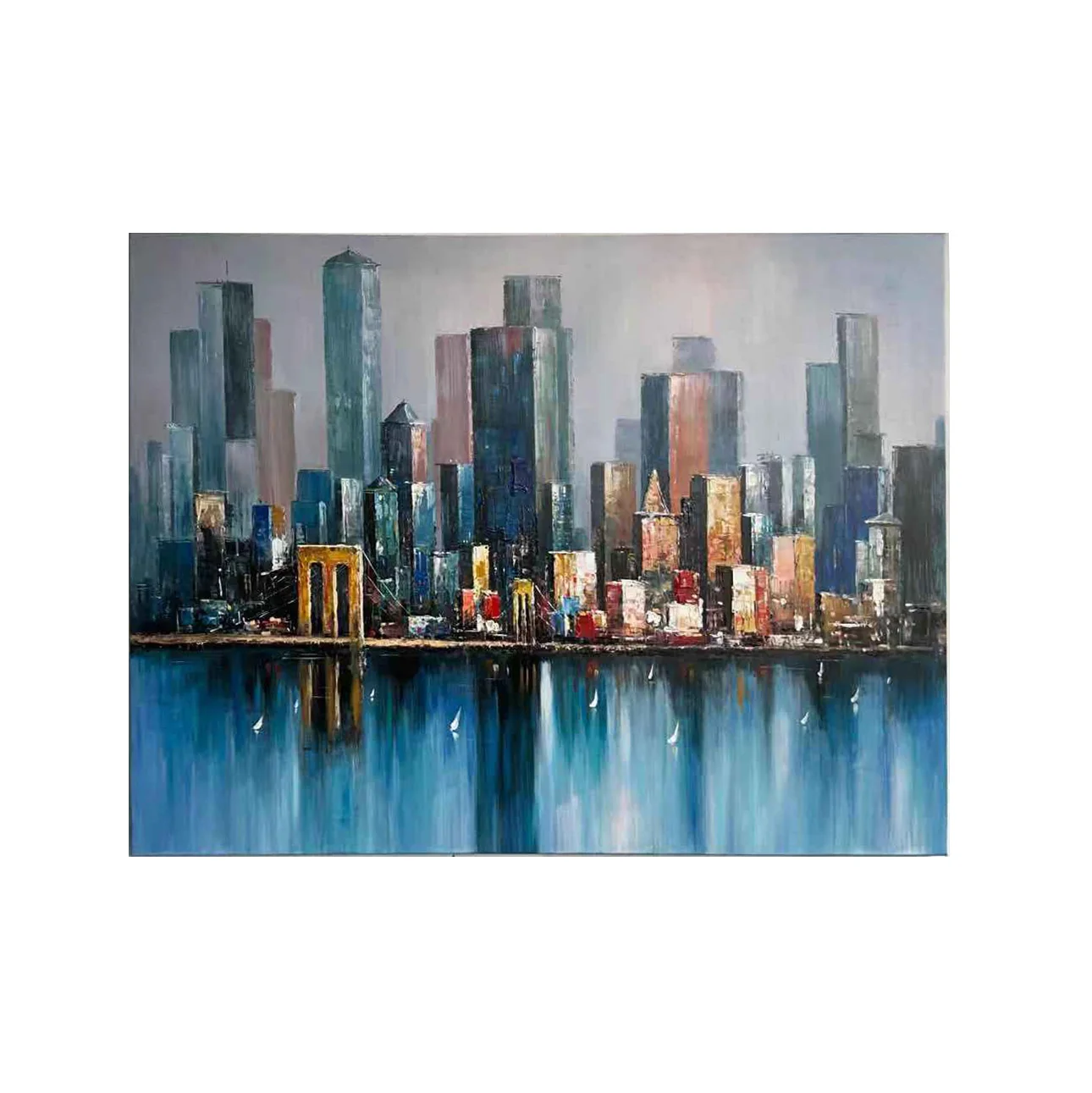 Cityscape Bridge Stretched Artwork Modern Canvas Wall Art Abstract Oil Painting