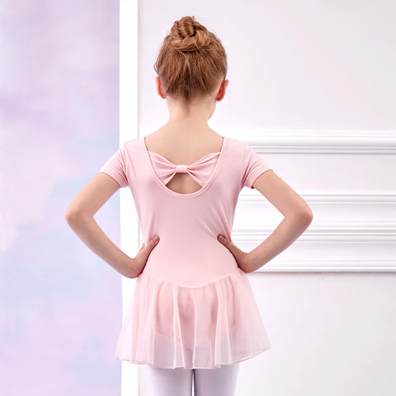 Cute Bowknot Hollow Back Girls Ballet Leotards Toddler Girls Gymnastics Training Dancewear Dress