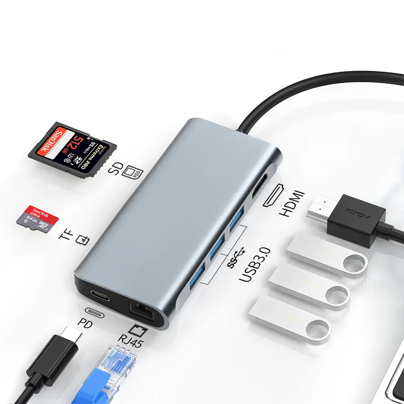 High quality 8 in 1 Type-C Hub Multiport Dock Station with 4K HDMI USB3.0 RJ45 SD TF USB-C PD Charging Adapter for Macbook Pro