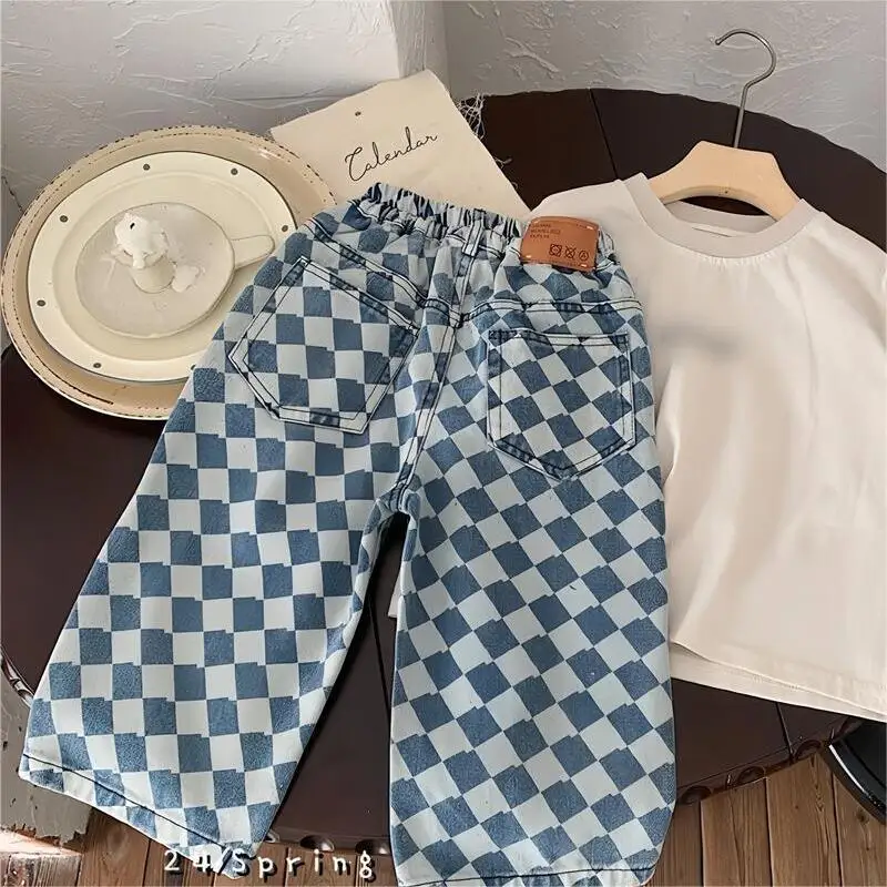 Wholesale 2024 Spring Diamond Plaid Kids Jeans Pants