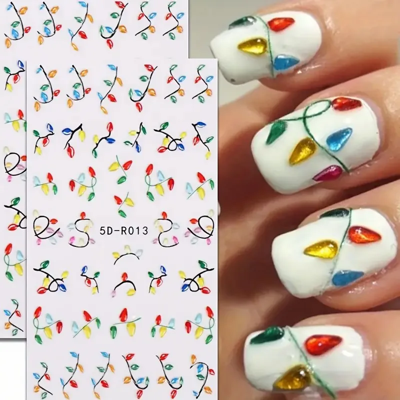 5D Christmas Neon Light Embossed Nail Art Decals Xmas Colorful 3D DIY Plastic Nail Stickers/Decals