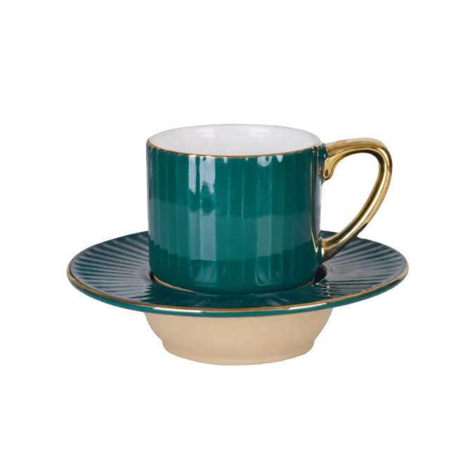 
Italian gift gold handle mug cosmetic soil striped ceramic cup and saucer set wholesale coffee cup 