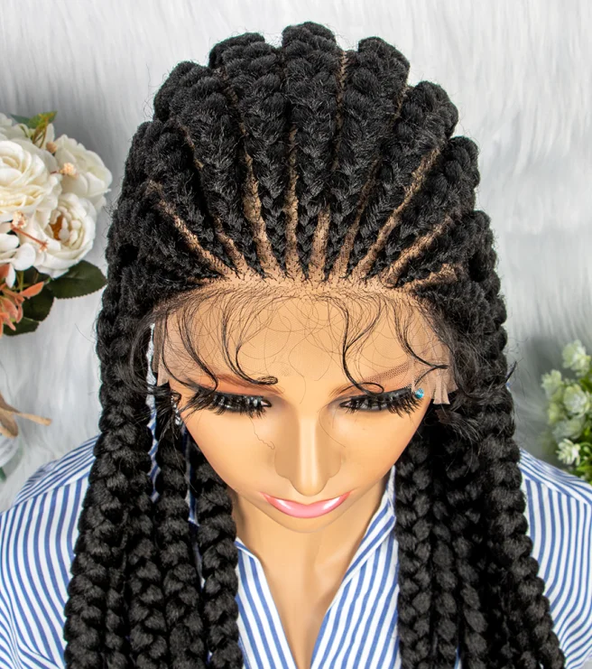 Cheap Price Hot Selling African Box Braided Synthetic Lace Front Wig Big Cornrow Braids Lace Wigs With Baby Hair For Black Women