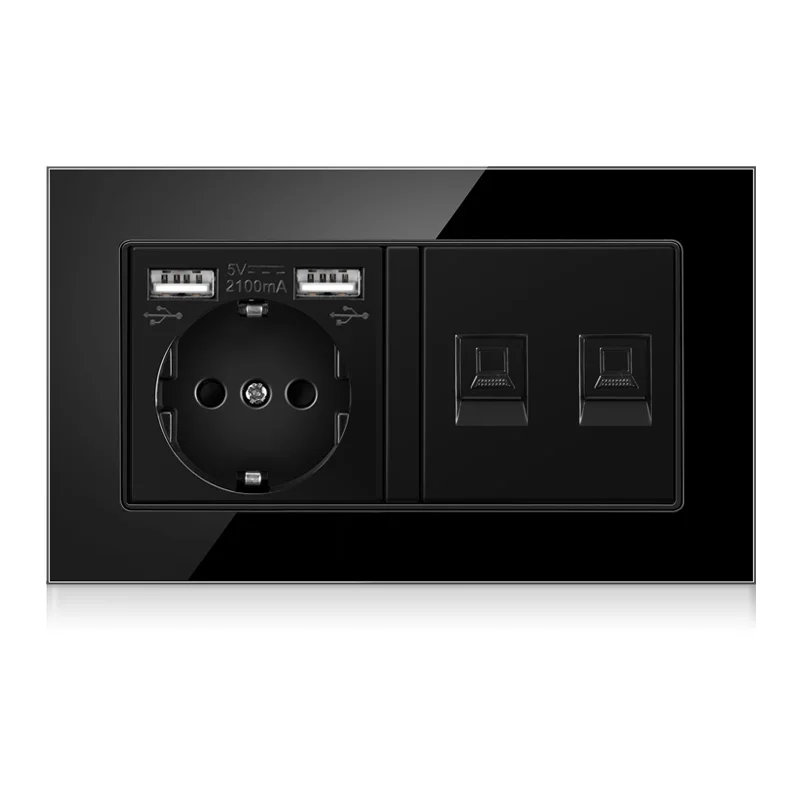 Toughened crystal glass panel German USB wall power socket plus 2 RJ-45 network sockets