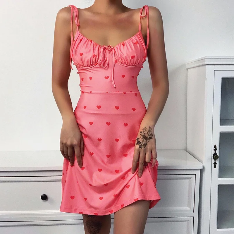 Instagram style sweet pink heart print halter dress 2022 summer sexy holiday lace skirt