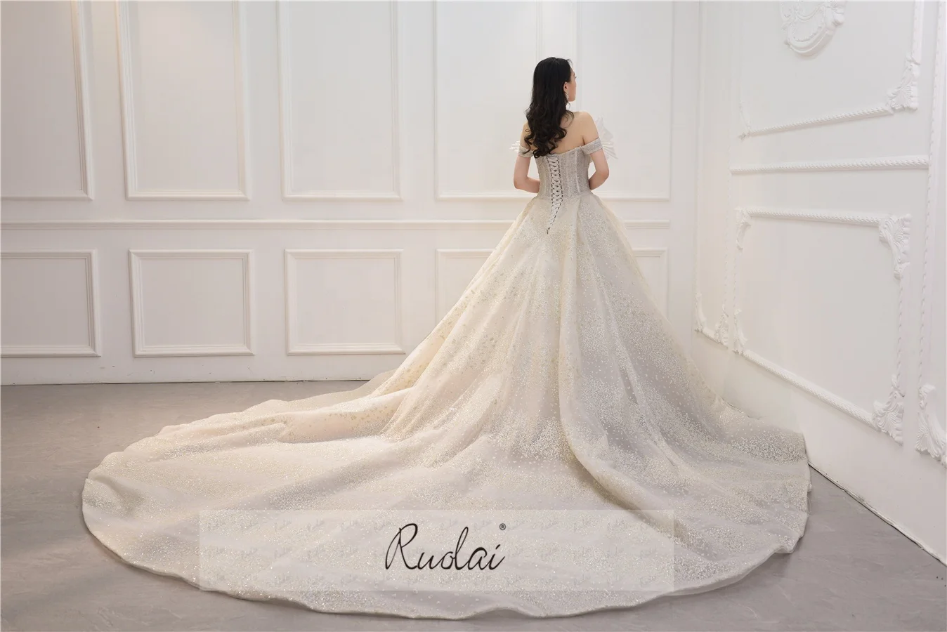 Ruolai PWD-H1224 Luxury Plus Size Wedding Dresses for Bride off Shoulder With Beads Ball Gown Wedding Dress