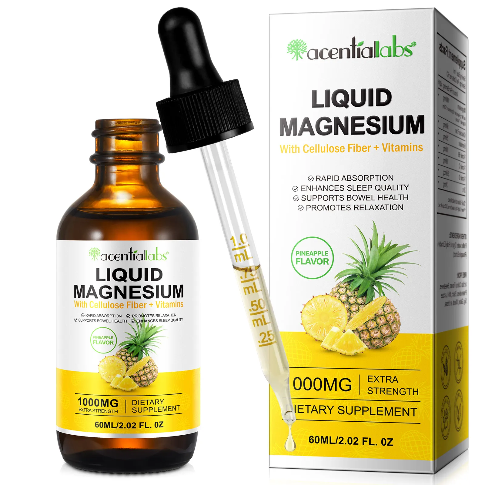 Acentiallabs 60ml liquid magnesium magnesium glycinate 500mg supplement liquid drops with cellulose fiber vitamins