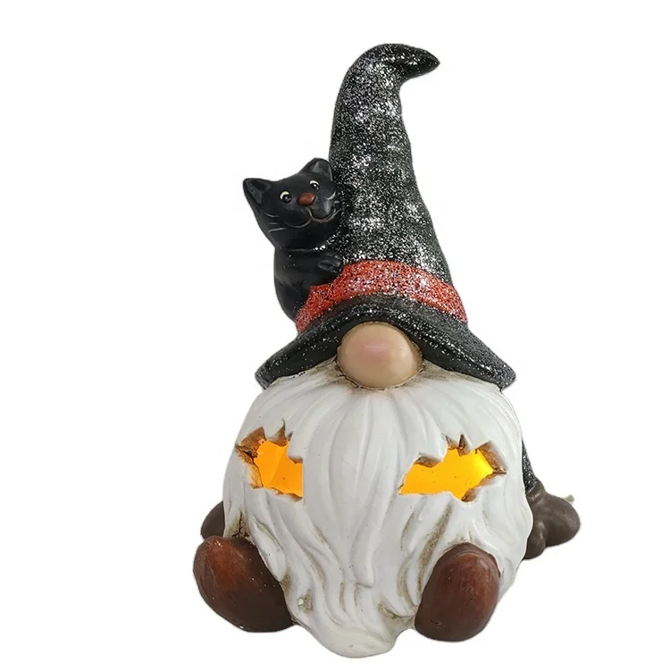 Color painting led lighted ceramic gnome with black cat for halloween decoration
