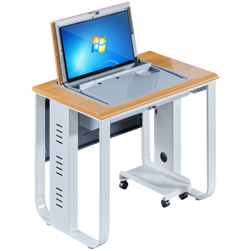 LCD Monitor Keyboard Mouse Hidden inside Safe Lockable Computer Desk Flip Up Desktop Classroom Desk Table