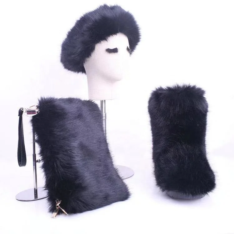 
Drop shipping winter fashionable black faux sheep fox fur snow boots shoes sets for kids and girls women with fur headband hat 