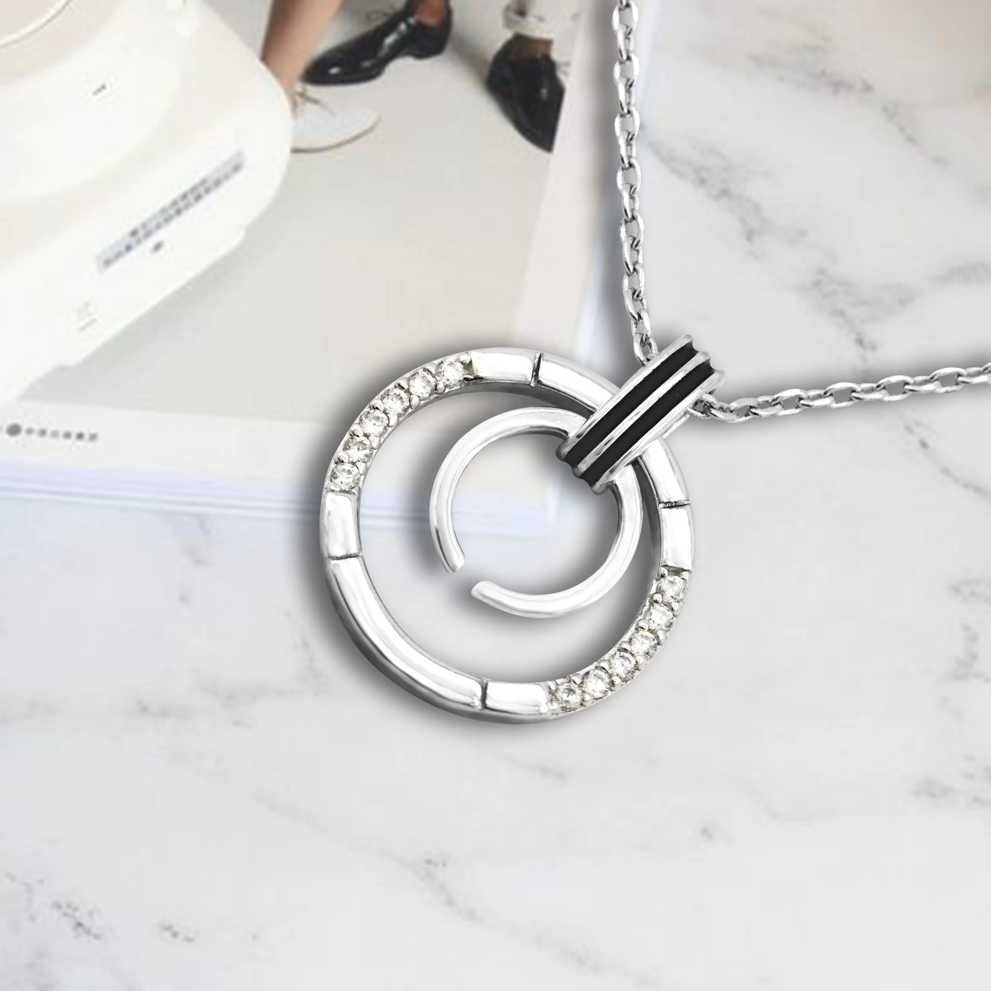 
China Manufactory Hot Sale Double Ring 925 Silver Jewelry Fashion Necklace 