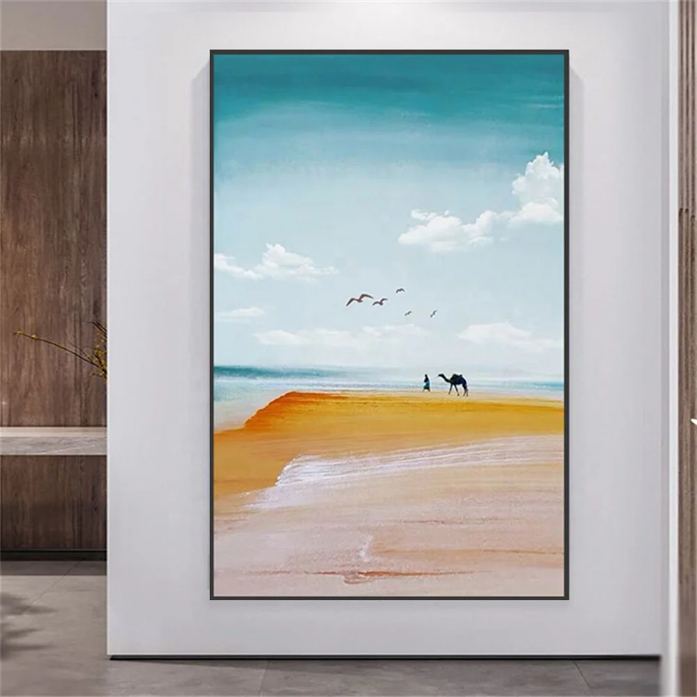 100% Hand painted living room decoration desert landscape blue sky sea camel seagull oil painting canvas wall art landscapes
