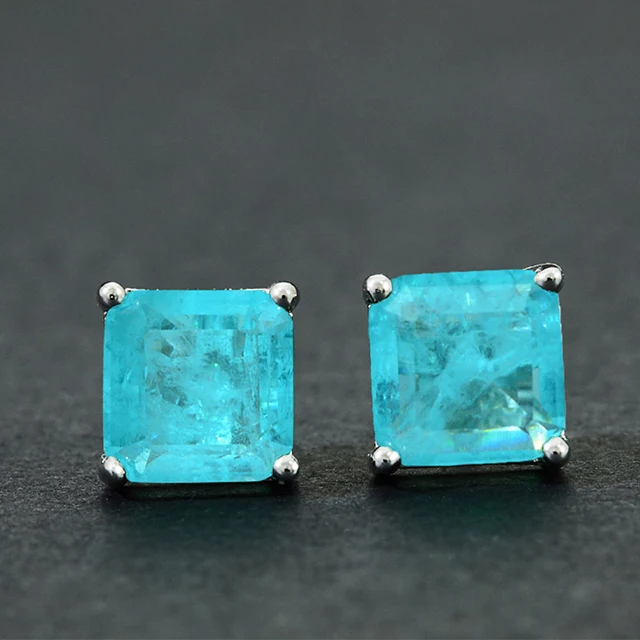 925 Sterling Silver 4 Prongs Setting Tourmaline Earrings Inspired 2ct Synthetic Paraiba Stud Earrings Gemstone Jewelry For Women