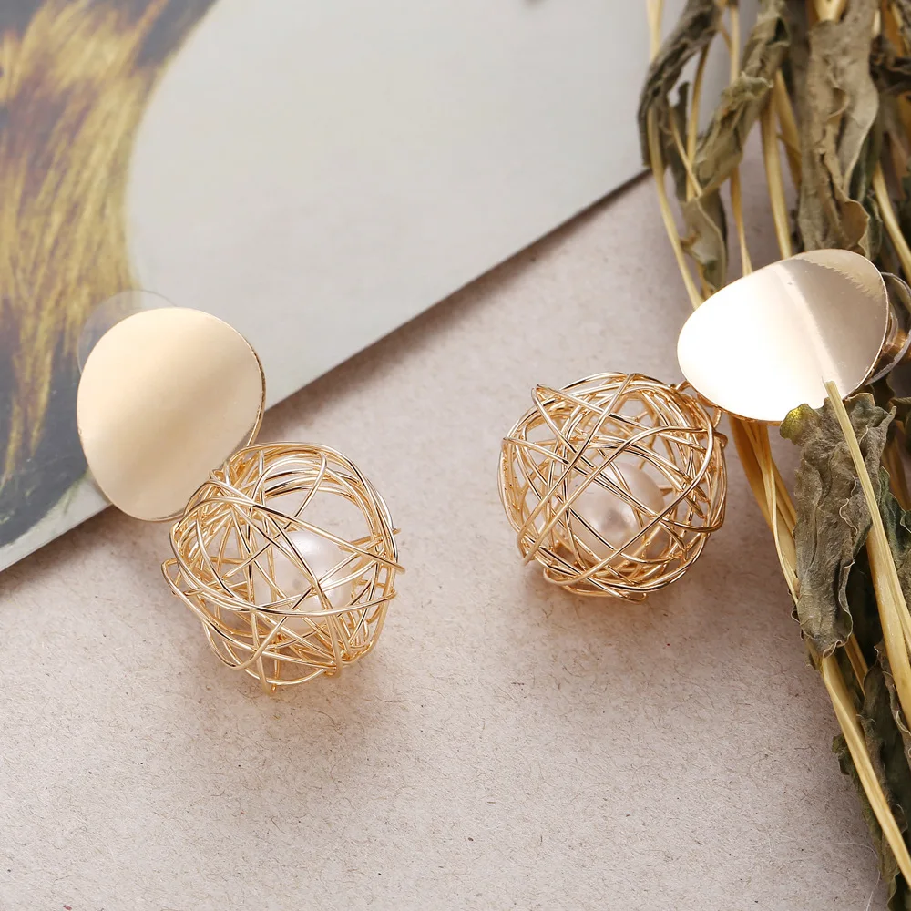 Fashion Punk Round Geometric Earrings Creative Woven Ball Pearl Earrings For Women Girls