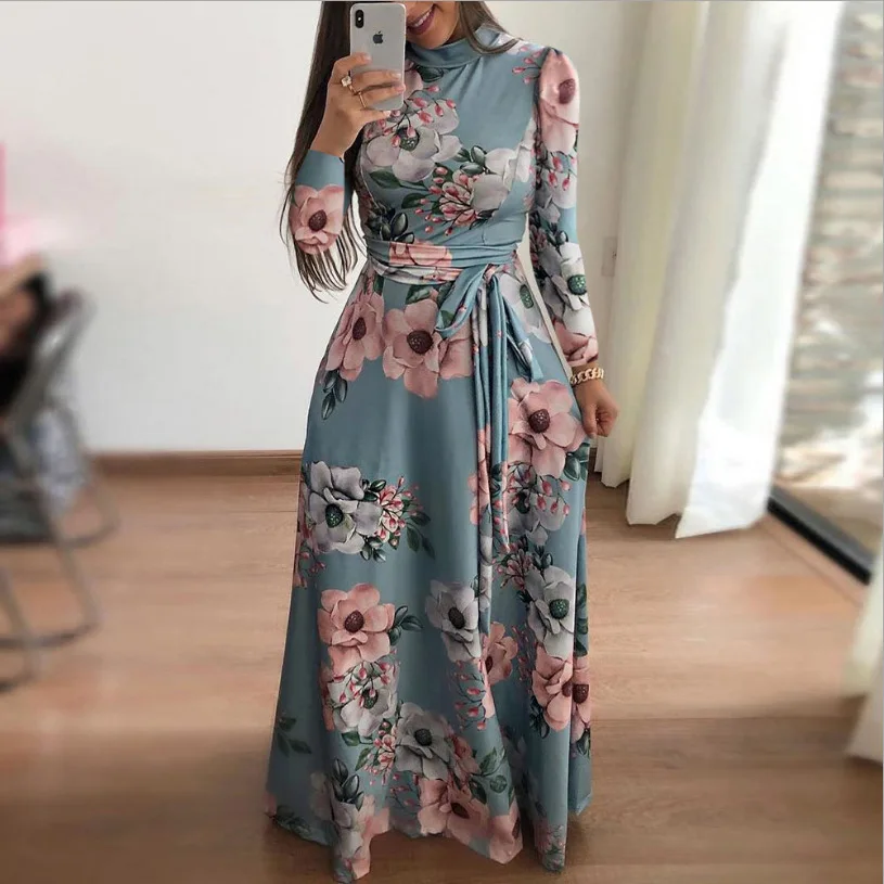Autumn and Winter Leisure Printed Lace Long Skirt Dresses for Women