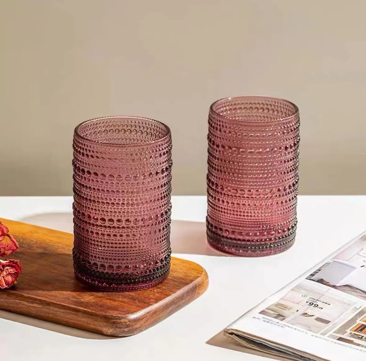 Embossed colored bead point glass hotel gargle cup juice cup manufacturers direct retro drinking cups