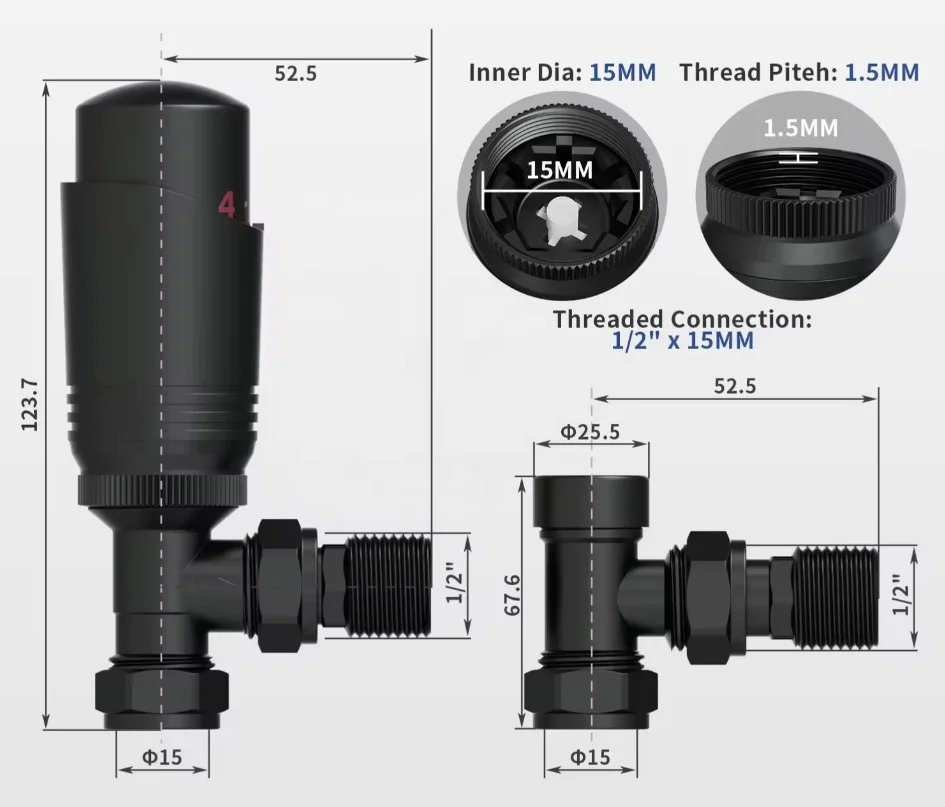 HOPERADS 2024 Thermostatic Radiator Valve Set - Anthracite Radiator Valves inc. Corner TRV & Lockshield -  Vertical Radiator