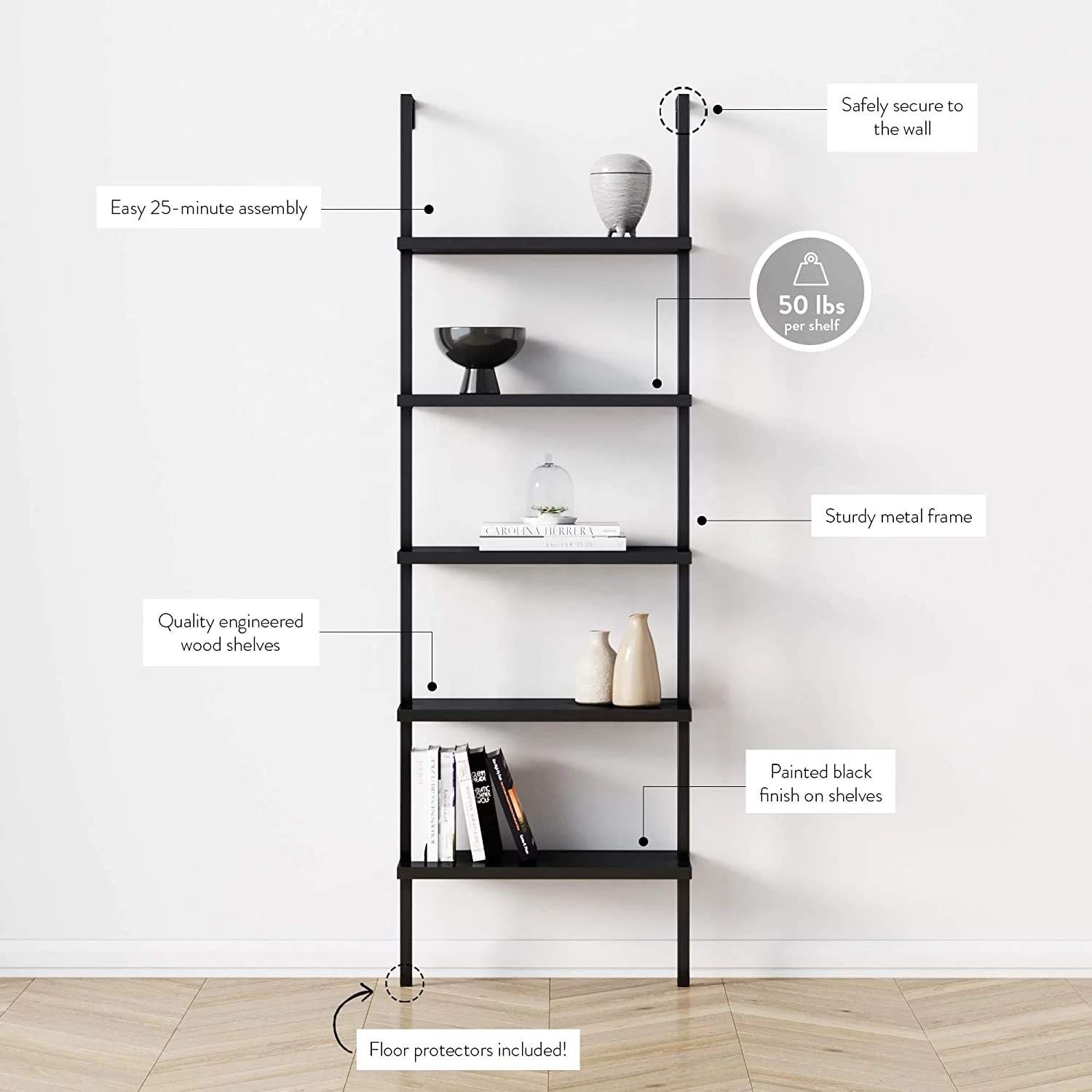 5 Tier Black Modern Bookcase Open Wall Mount Ladder Bookshelf with Industrial Metal Frame
