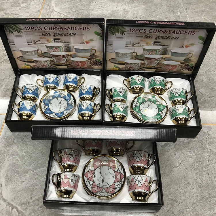 Wholesale Porcelain Arabic Afternoon Tea Gift Set 12PCS Luxury Ceramic Coffee Tea Cup and Saucer Set of 6