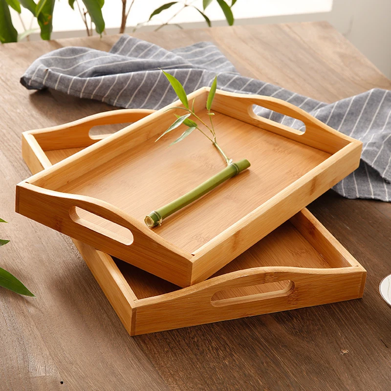 Low MOQ Wine Round Serving Tray with Handles Wooden Bamboo Circle Dinner Tray for coffee