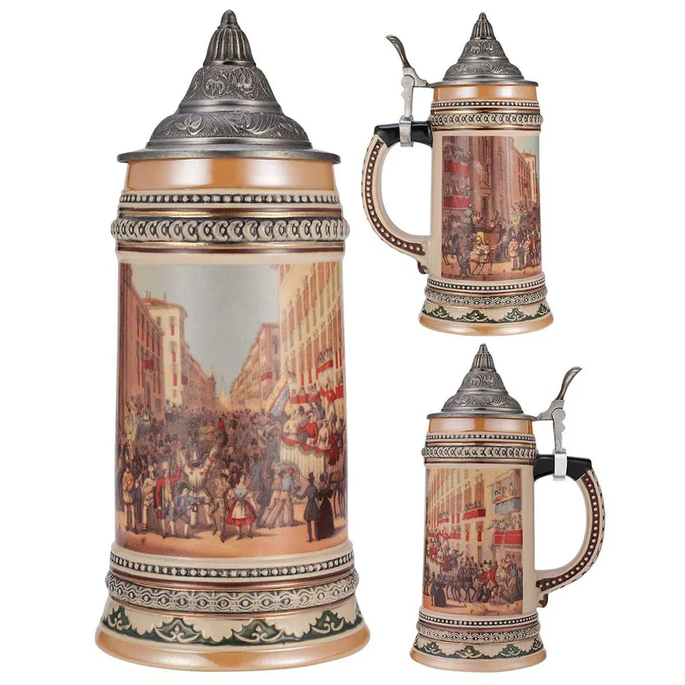 Viva carnevale scene of 19th century European street  decor Ceramic German Beer Stein with Metal Lid