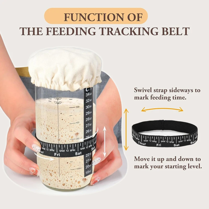 Reusable Sourdough Bread Baking Supplies Sourdough Starter Jar Kit Lid Set with Date Marked Feeding Band Thermometer Cloth Cover