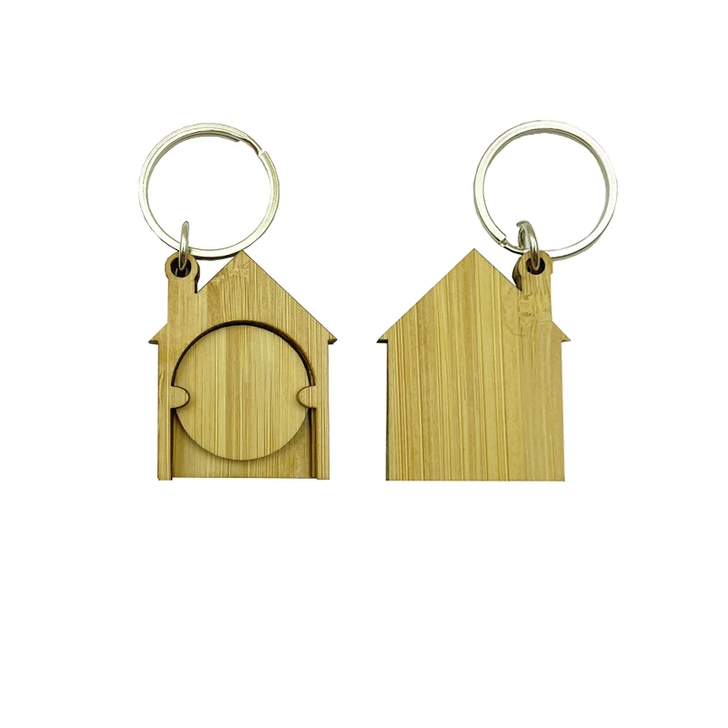 Wholesale Custom Logo Shopping Cart Coin bamboo wooden Key Chain Metal Trolley Token Coin keychain