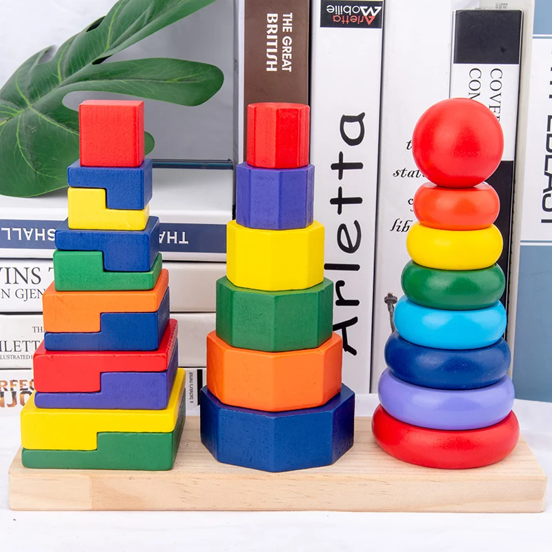 Popular Wooden Educational Stacking Game Kids Rainbow Tower Early Intelligence Development Toys