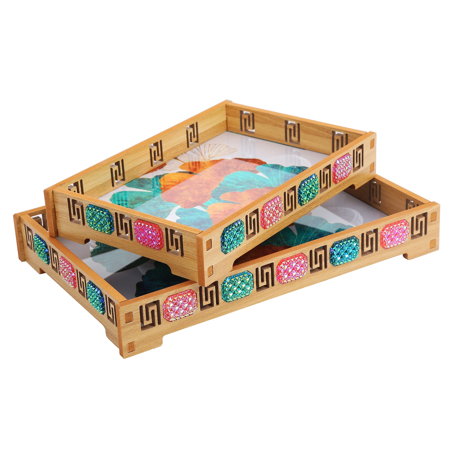 Custom Wholesales Carved Wood Stick Plastic Diamonds Food Tray For Hotel Restaurant Home Serving Tray  With Handle