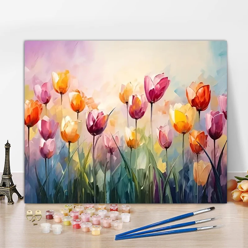 Wholesale custom Diy Colorful Tulip Paint By Numbers Kit 16*20inch handmade Acrylic Oil Painting For adults Home Decor & Gifts