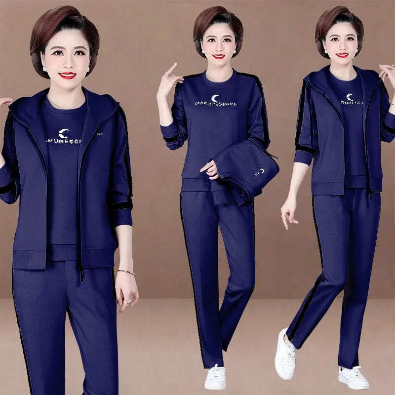 Spring and autumn middle-aged and elderly fashion hooded loose ladies sports vest	 3 piece suit women
