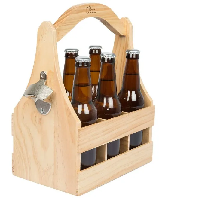 Customized high quality wooden beer bottle carrier with opener