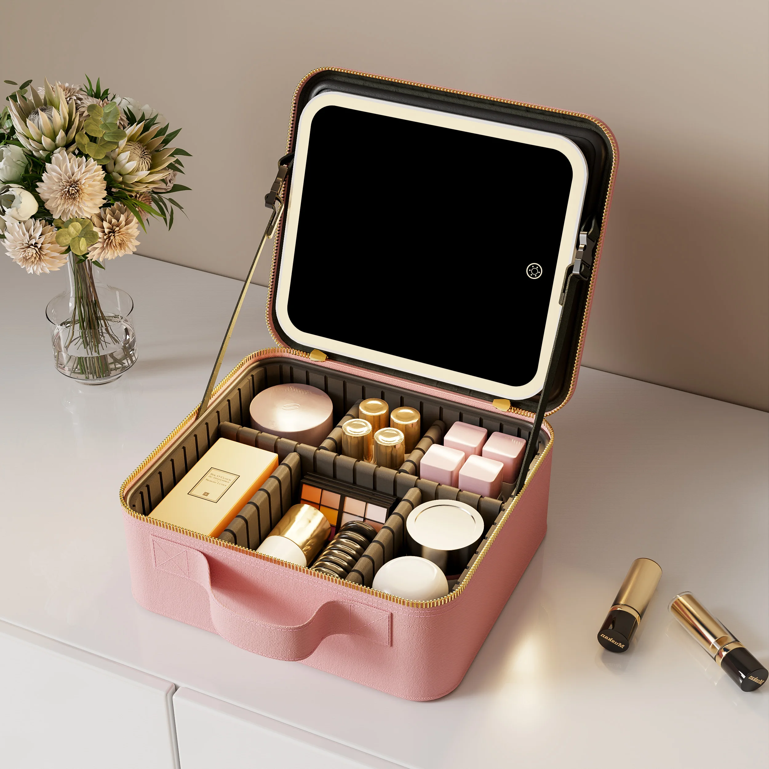Portable Professional Pu Leather Logo Wholesale Vanity Organizer Box Travel Makeup Bag With Led Light Mirror