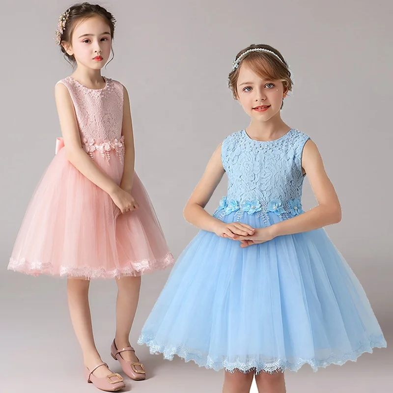 Flowers Girls Birthday Pageant Dresses Light Blue Little Princess Tutu Wedding Bow Tie Ball Gown Cute Clothes Kids Dress