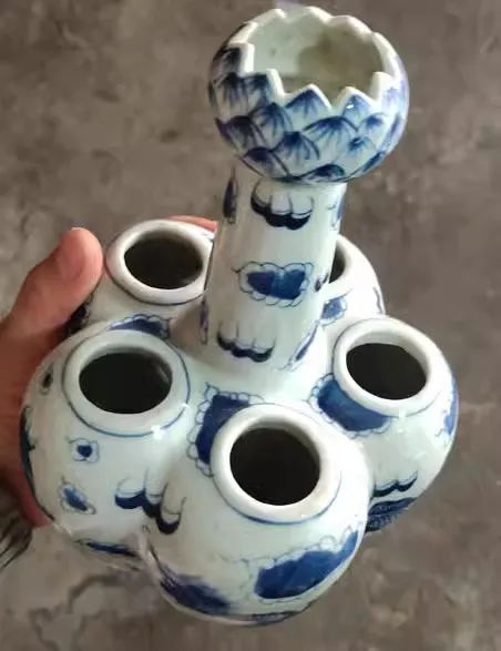 Jingdezhen Antique Porcelain Full Hand Painted Blue and White Double Dragon Vase with Five Holes