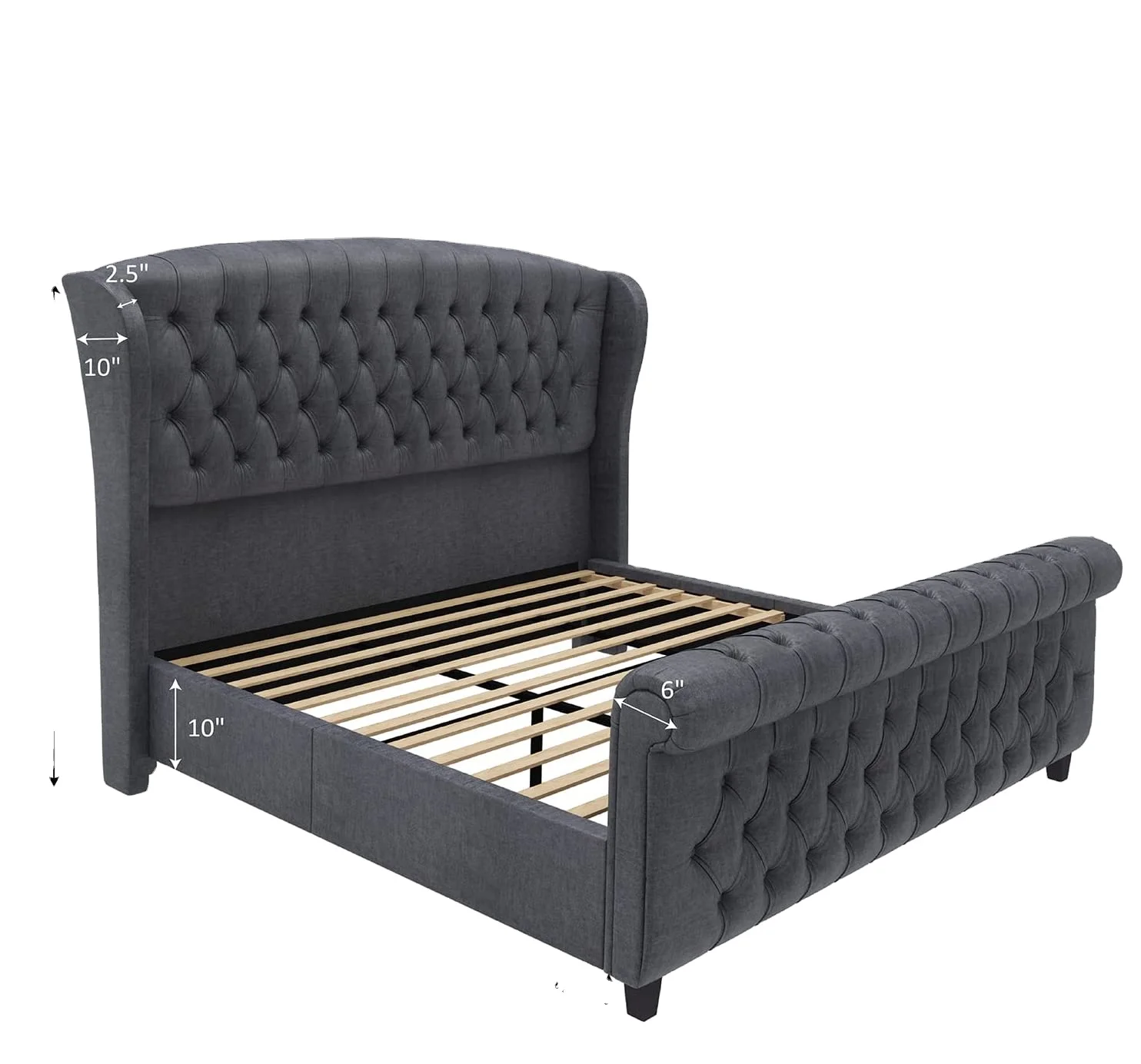 Velvet Upholstered Sleigh Bed with Scroll Wingback Headboard Button Tufted King Size Footboard Bed Frame