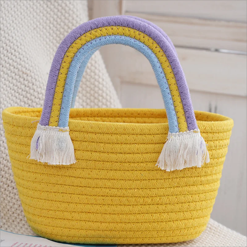 Woven Cotton Rope Basket Cotton Rope Handbag with Rainbow Handles Mini Tote Handbags Handmade Beach Bags