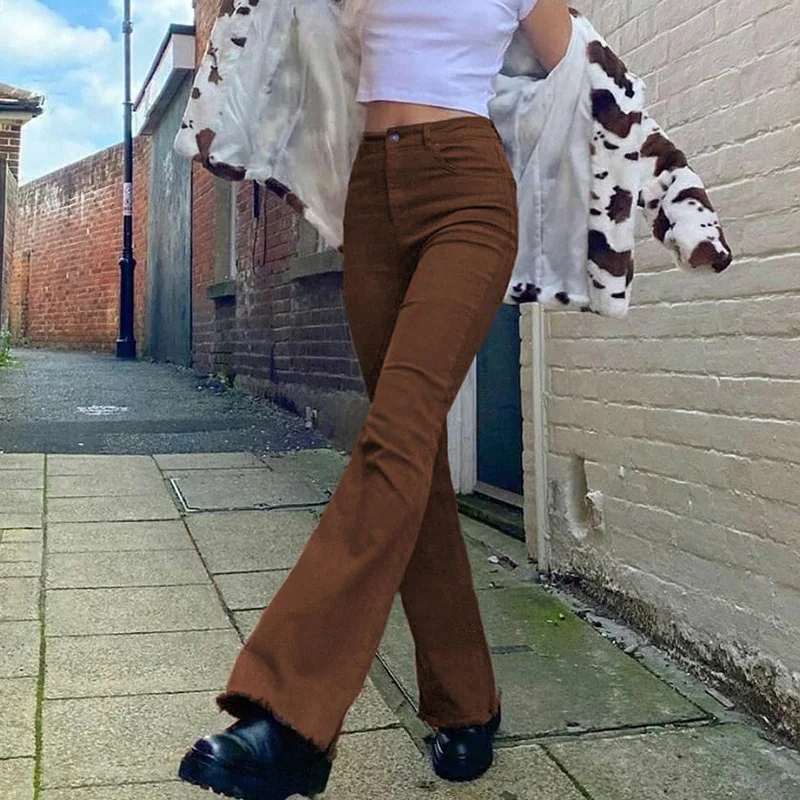
Indie Aesthetic Slim Brown Flare Jeans Y2K Vintage High Waist Mom Pants 90s Fashion Women Denim Trousers E girl Clothing 