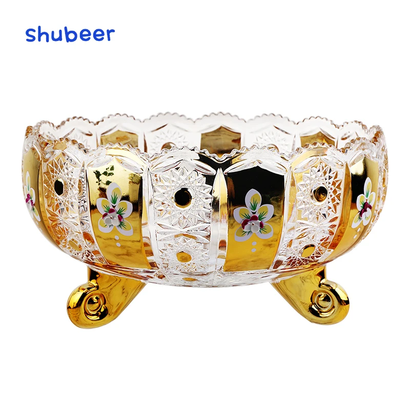 European light luxury gold plated sun flower wave lace big fruit bucket table decal fruit plate relief carved tripod sole