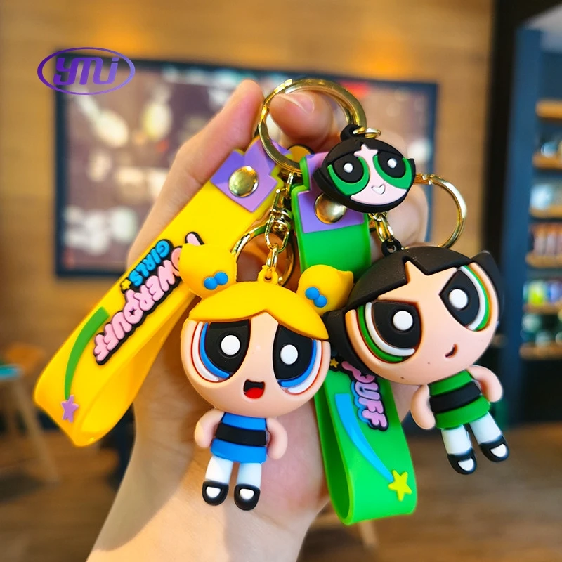 Anime The Powerpuff Girls Figure Keychain Cartoon Keyring Jewelry Pendent Car Key Accessories Ornament Toy Gift for Kids