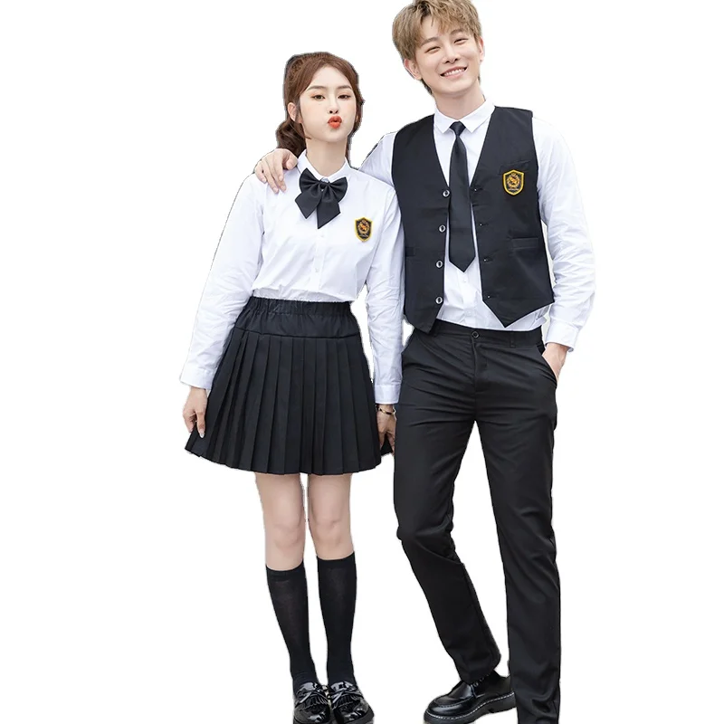 1set custom logo High quality school uniform boys and girls white shirt black vest skirt primary secondary college school set