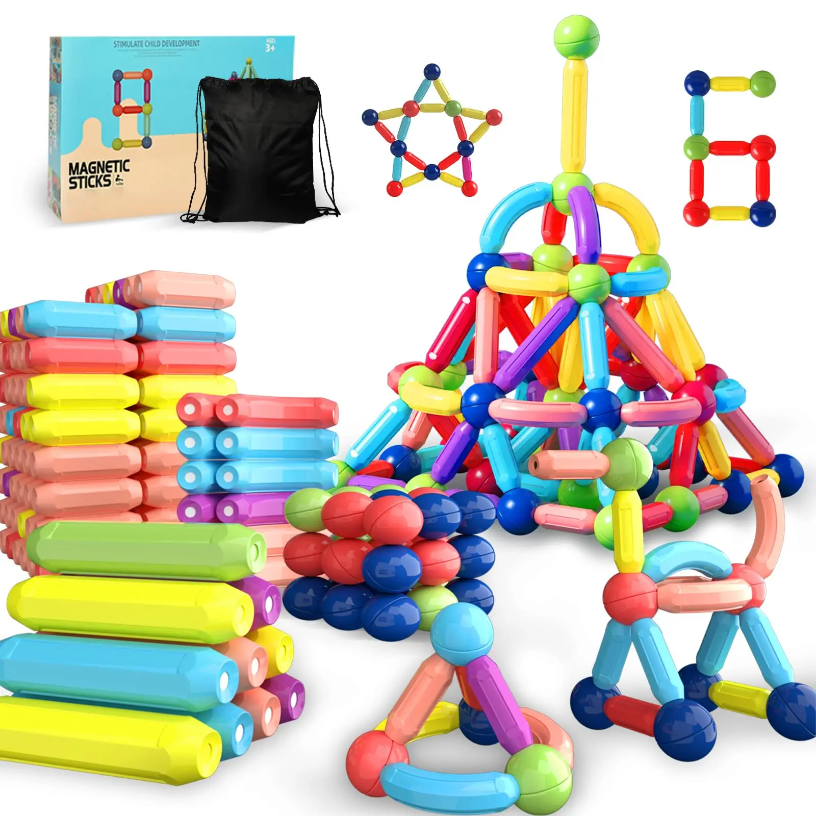 Kindergarten Toys Age 2-4 Toddler Educational Toys Magnetic Blocks Balls and Rods Set 64 Pcs  Magnetic Stick Montessori Toys
