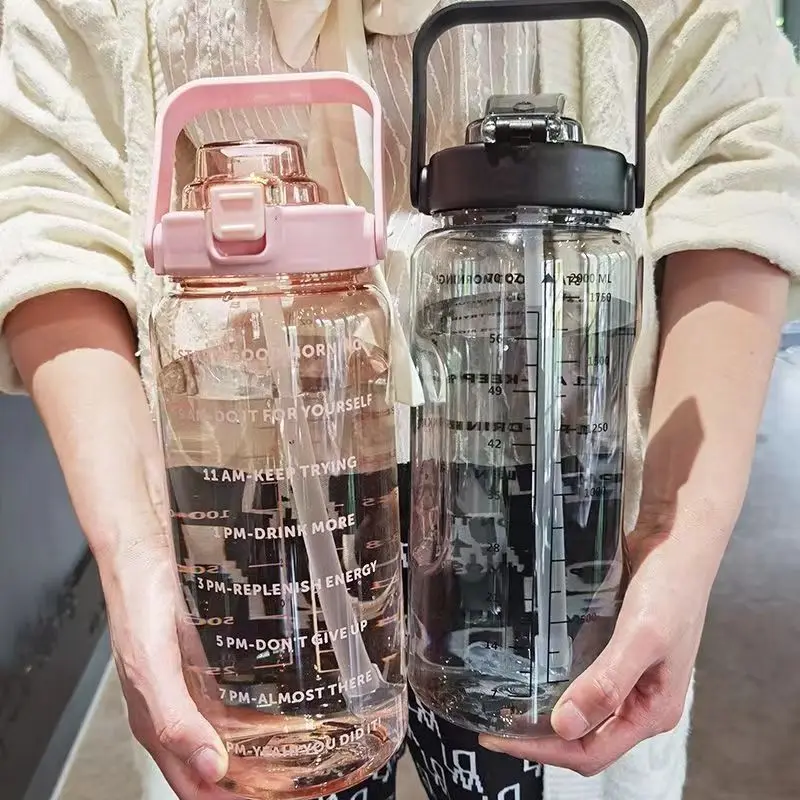 2024 Hot Products Customized Logo Large Capacity 2000ml Pink Purple Outdoor Sports 2L Plastic Straw Water  Bottle With Scale