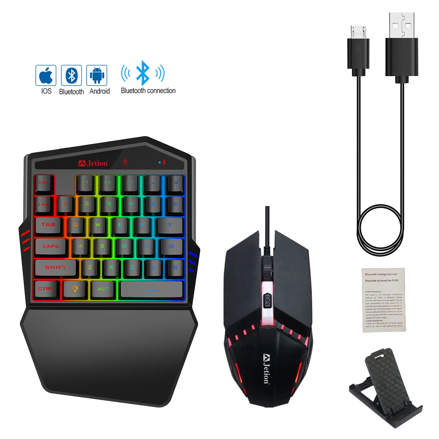 
New Products Wired 35Keys RGB One Hand wired Mouse Keyboard Combo Kit and mobile phone holder for computer gamer 