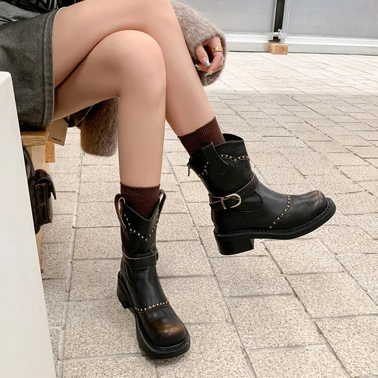 Adult custom ladies retro niche leather boots fashion mature new square head metal buckle rivet boots