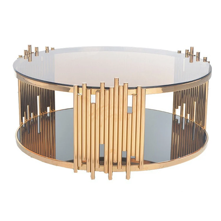 Luxury design Elegant black tempered glass coffee table set SKD gold tube stainless steel round coffee table