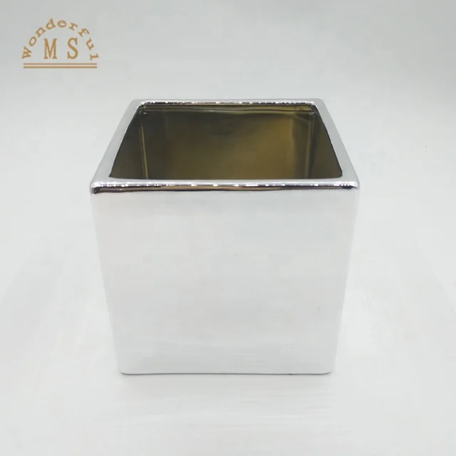Wholesale heavy cube ceramic flower pots with electroplating gold silver cooper and white black red color glazing home decor